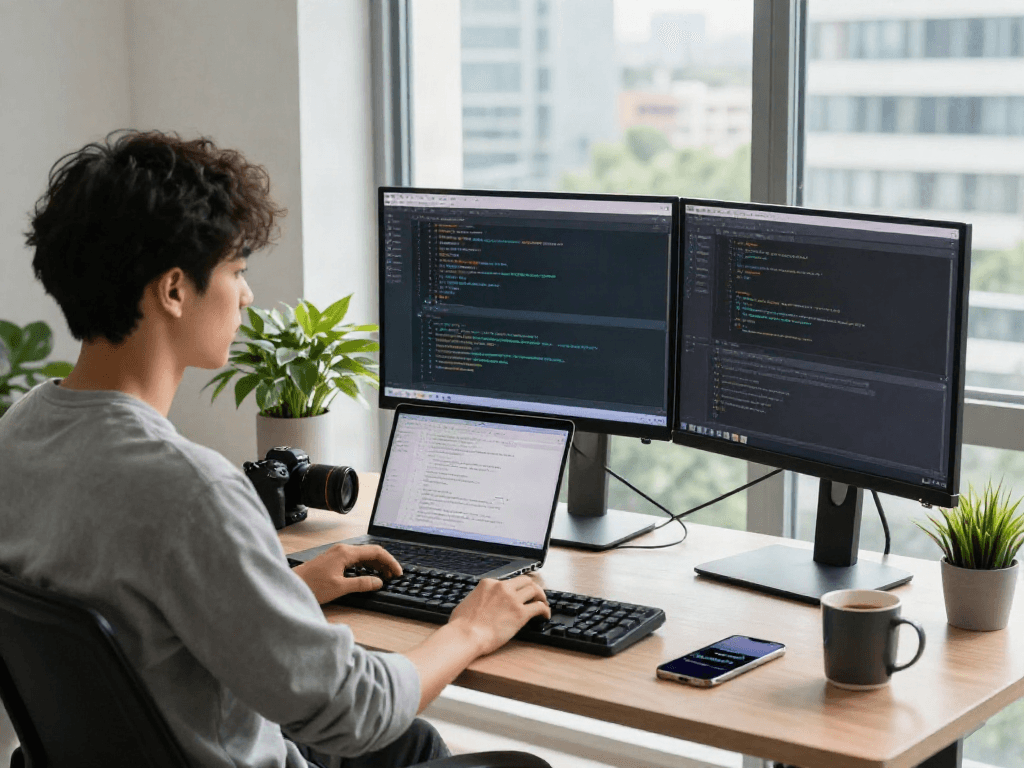 A developer using GBWhatsApp features on multiple screens in a modern workspace.