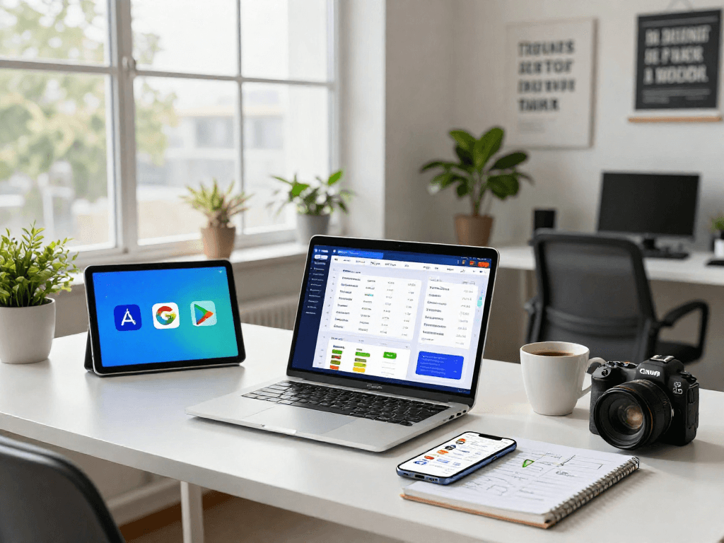 Buy app installs with engaging visuals of a modern marketing office, featuring app download stats, vibrant tools, and an energetic workspace.