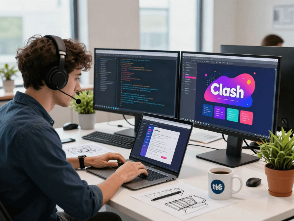 在现代工作空间中，软件工程师专注于开发clash官网应用，展示了技术与创新结合的活力场景。