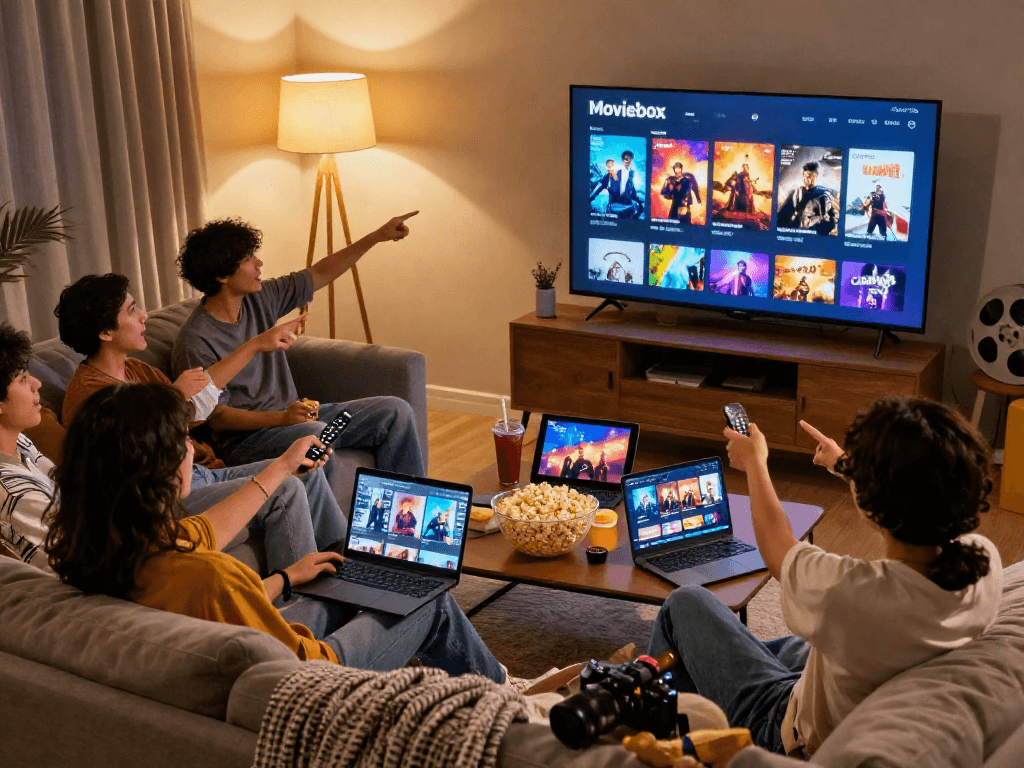 Friends enjoying a movie night using the Moviebox app on a large TV in a cozy living room setting.