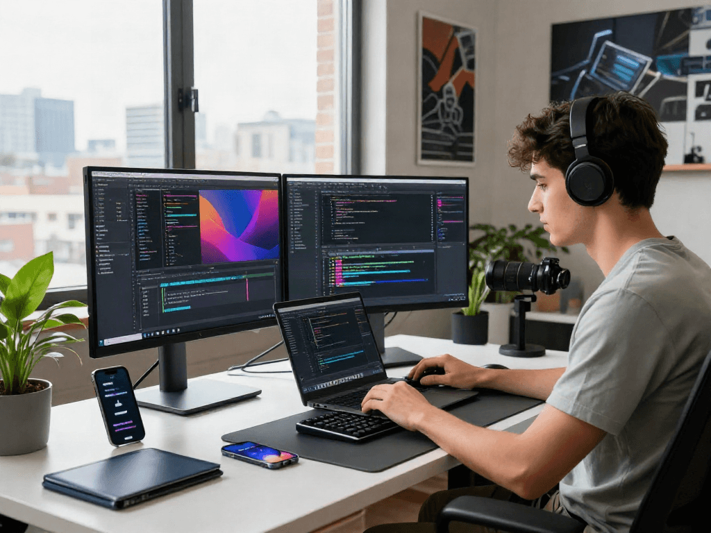 Pikashow app download in a tech-savvy workspace with vibrant monitors and coding activity.