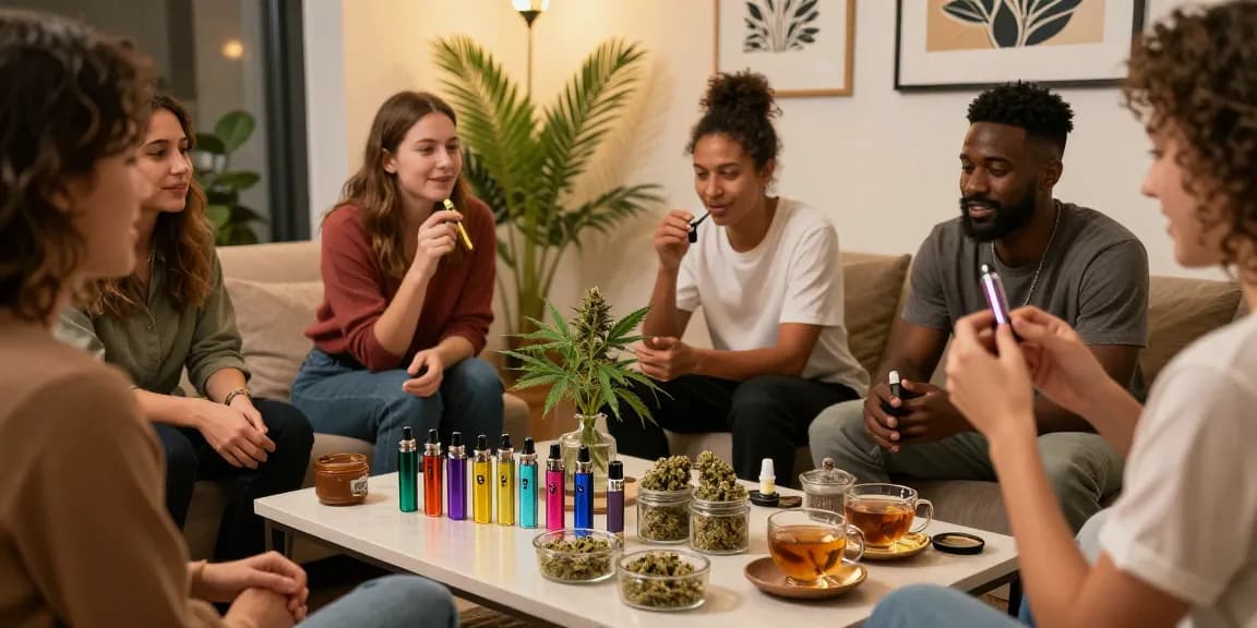 Friends in a cozy herbal lounge discussing cbd vs thc while sharing vape and flower products.