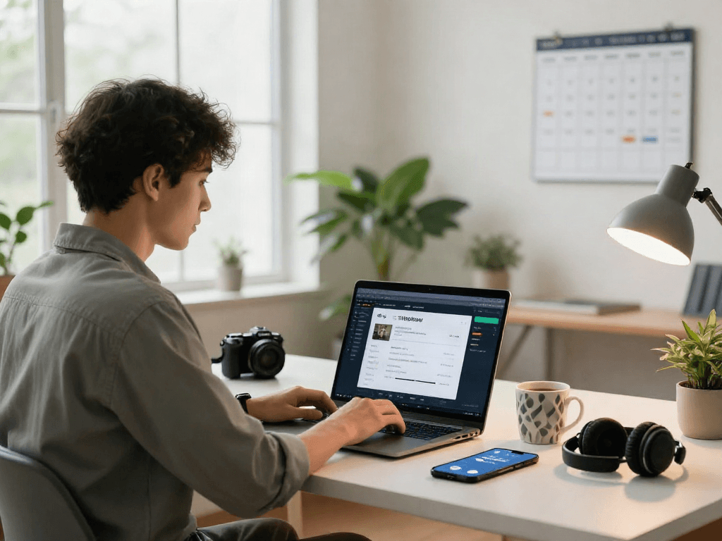 Streaming content on Pikashow app in a modern workspace with vibrant lighting.