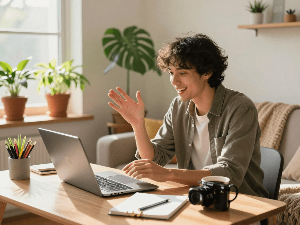 Engaging 1v1 chat in a cozy home office setting.