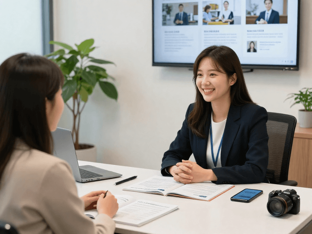 일산OP 서비스 상담을 하는 현대적 사무실의 친근한 장면