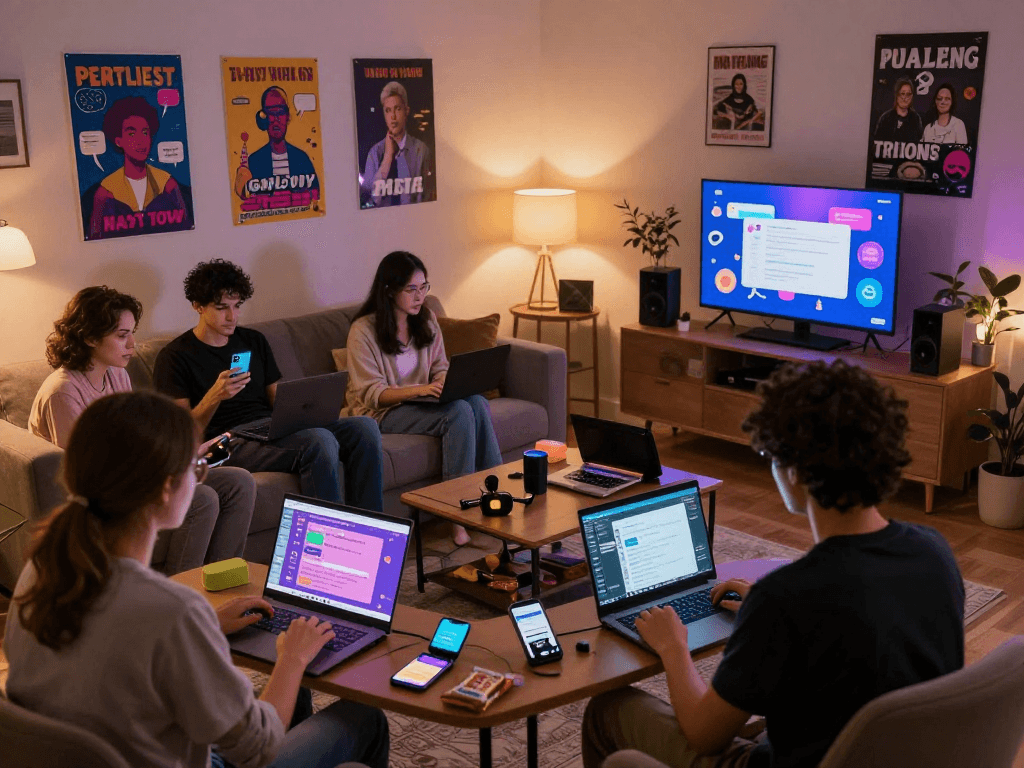 Engaging scene of individuals in nsfw chat, animated discussions in a cozy setting.