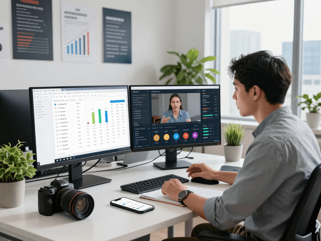 Buy app installs for top app performance, showcasing a marketer analyzing app metrics and strategies in a vibrant digital workspace.