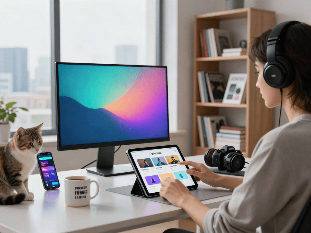 User enjoying the pikashow app in a stylish home office, showcasing modern entertainment and connectivity.