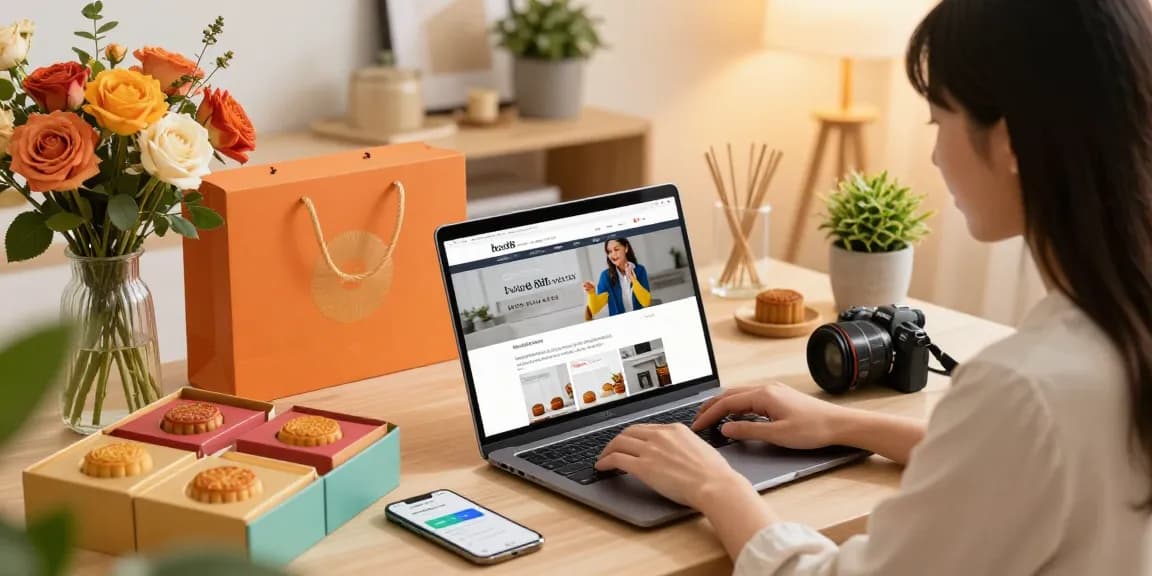 Gadis muda menggunakan laptop untuk berbelanja di bos88 dengan karangan bunga dan kue bulan di meja.