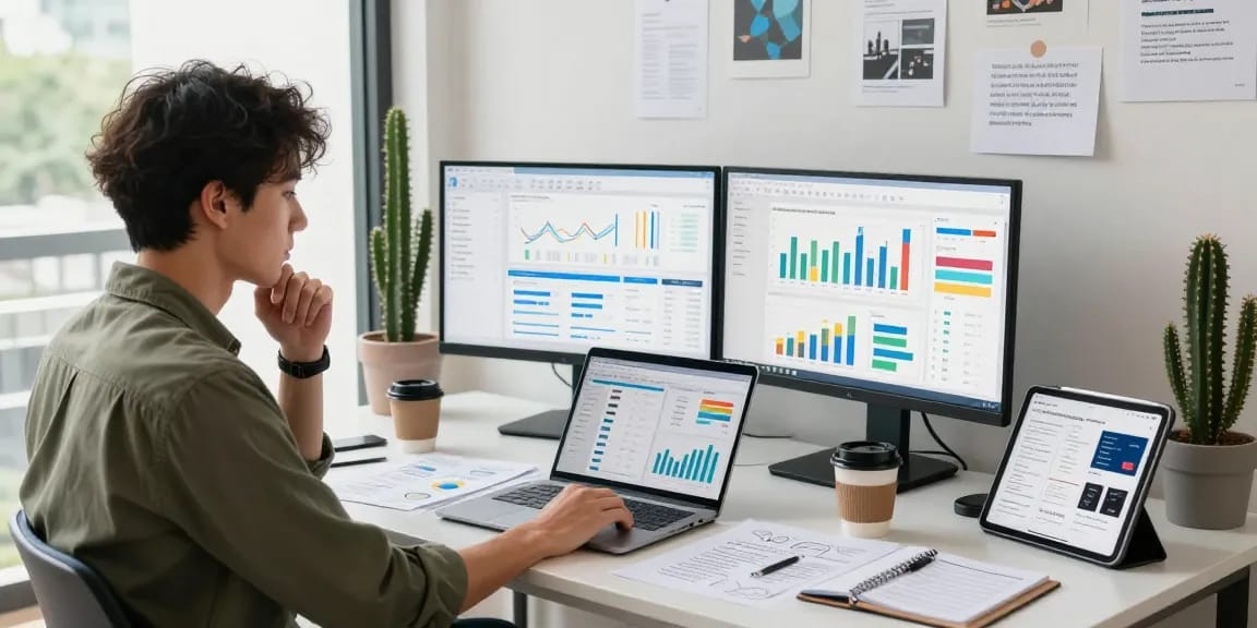 Analyzing user data in a modern workspace setting with lucky77 branding elements.