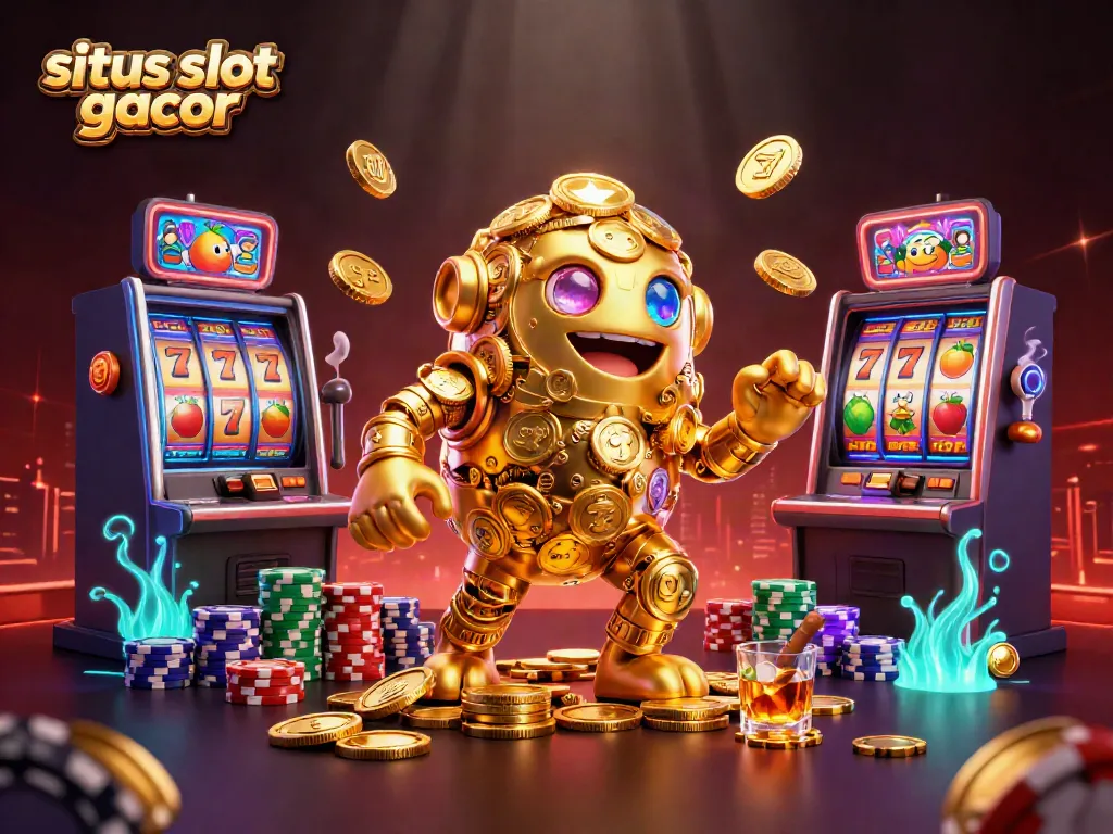 Gamer di situs slot gacor merasakan keberuntungan dengan simbol mesin slot di sekelilingnya.