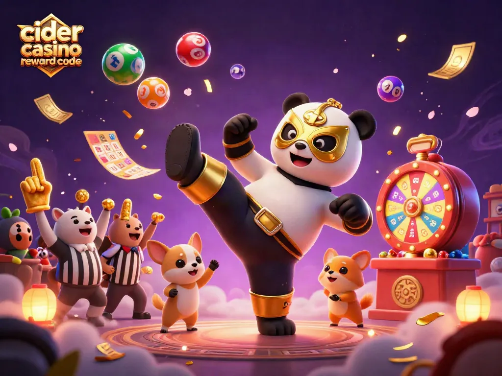Cider casino reward code featured in an exciting 3D scene with a wrestling panda, referee, and animated gaming elements