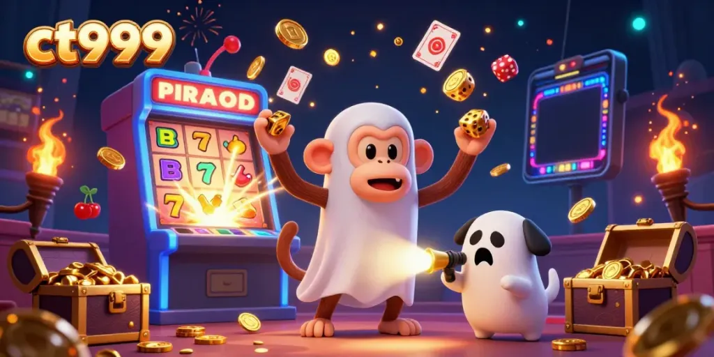 Experience the exciting ct999 game dynamics with a poltergeist monkey juggling coins and a curious puppy in a vibrant casino scene.