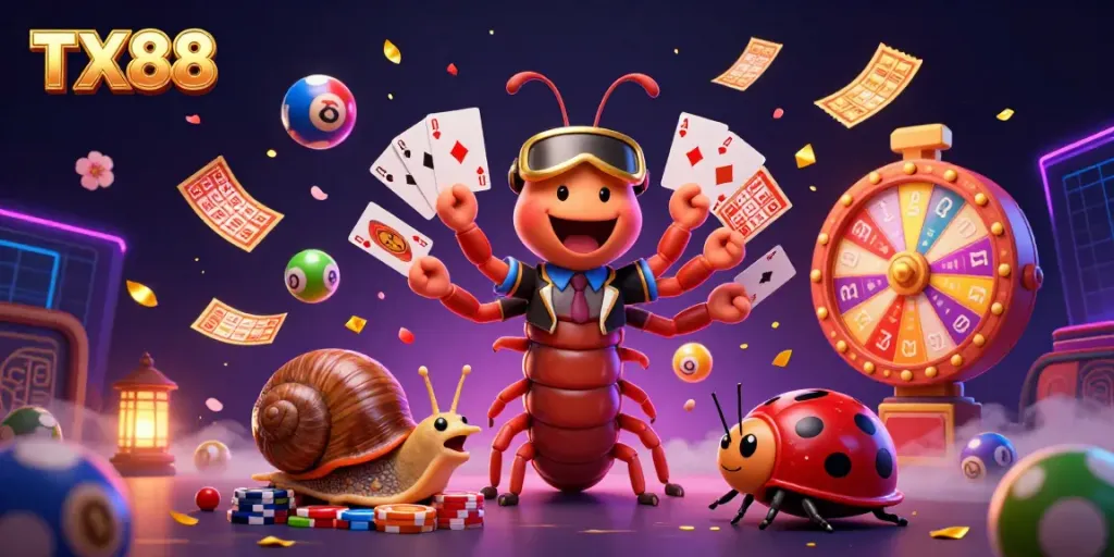 Engage in high-stakes fun with TX88, where colorful lottery balls and vibrant casino elements create an exhilarating game atmosphere.