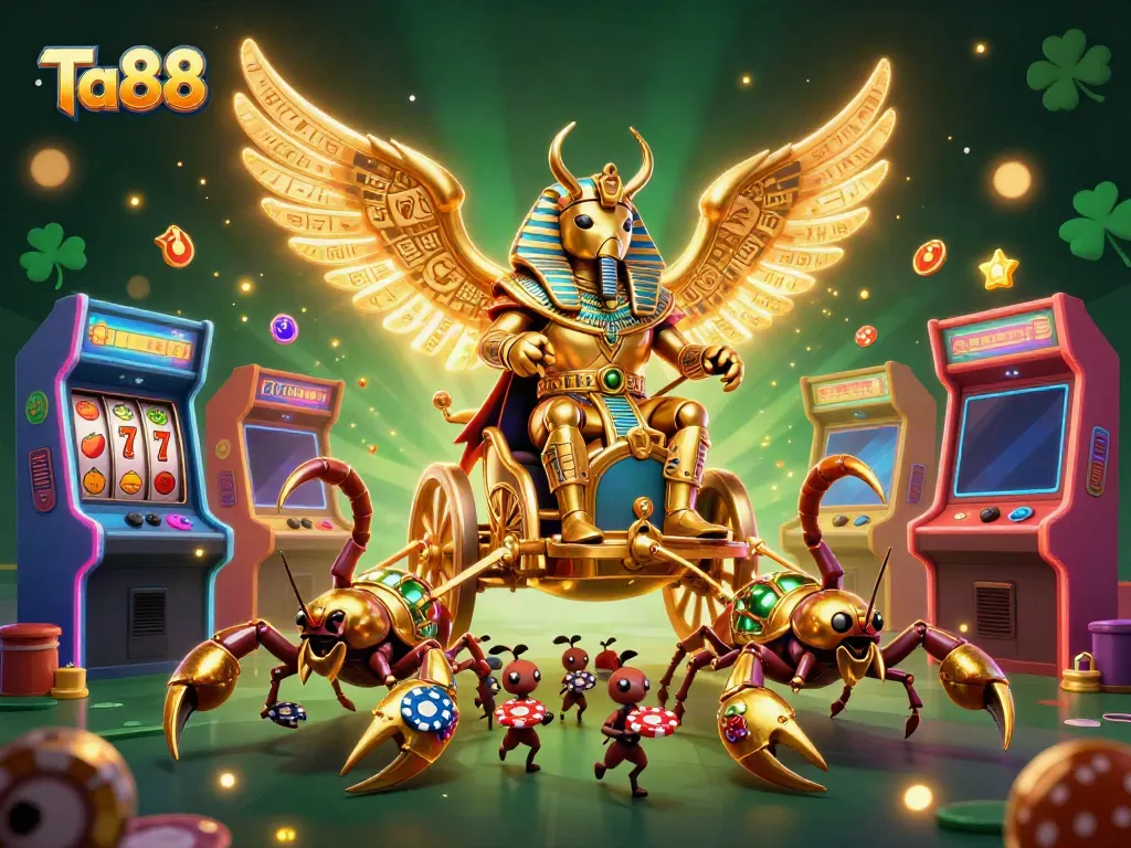 Experience thrilling gameplay at Ta88 with the colossal golden scarab beetle amidst casino excitement.