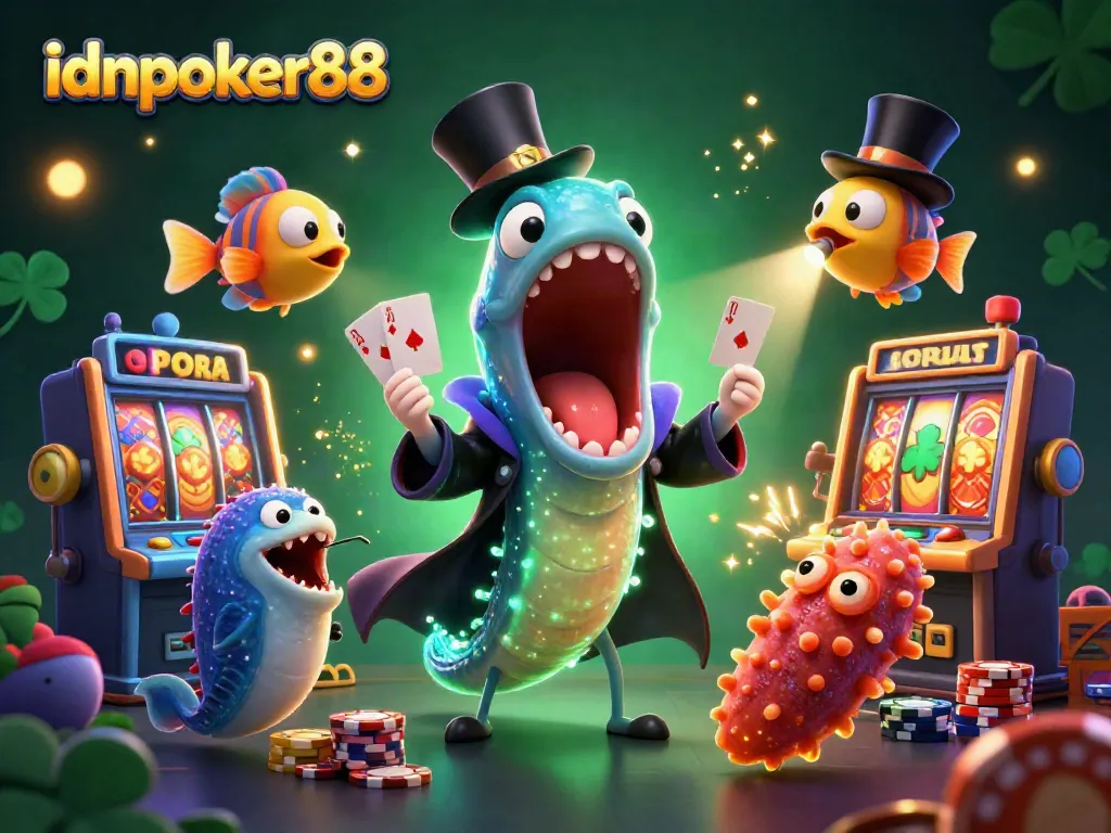 Engage with idnpoker88 as the bioluminescent eel performs card tricks in a vibrant casino environment.