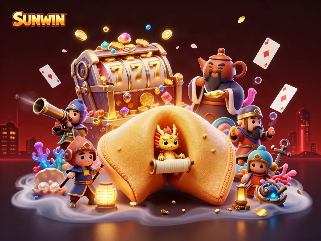 Engage with SUNWIN's vibrant 3D casino experience featuring a big fortune cookie and dynamic slot elements.