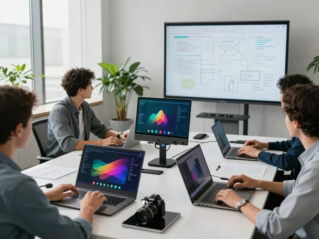 Deepfake protected Conferencing scene with diverse professionals in a modern video call meeting.