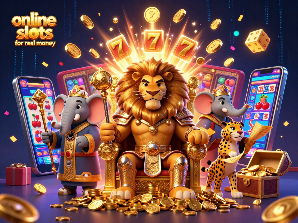 Engage with thrilling online slots for real money showcased by a fierce lion king and vibrant game elements.