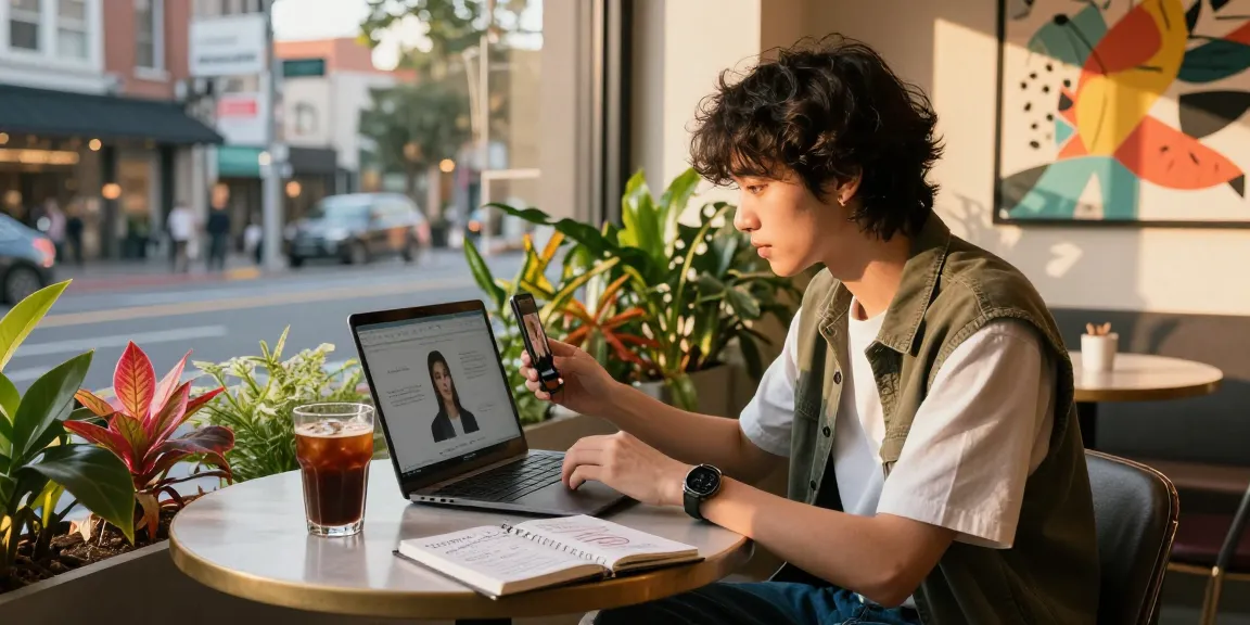 Young person taking an attractiveness test in a trendy café with a laptop.