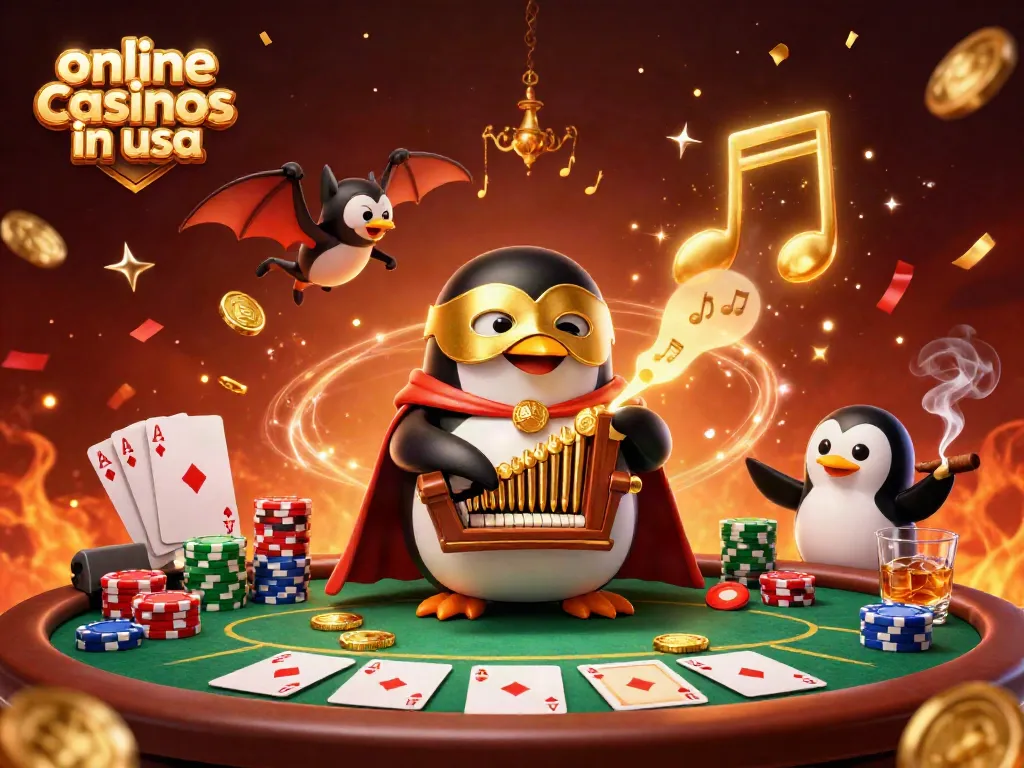 Experience online casinos in USA with a vibrant scene featuring a cartoon penguin and poker elements.