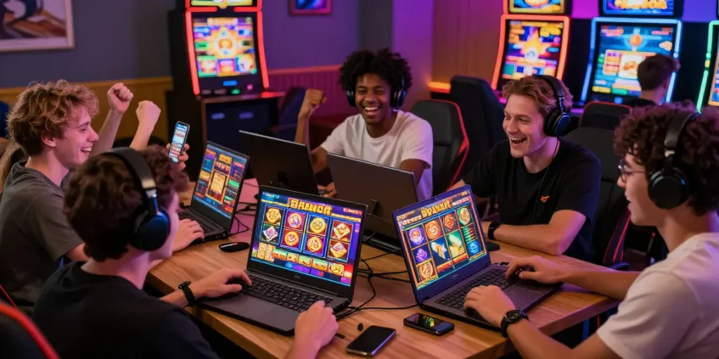 Exciting players enjoying slot gacor games on various devices in a lively gaming lounge.