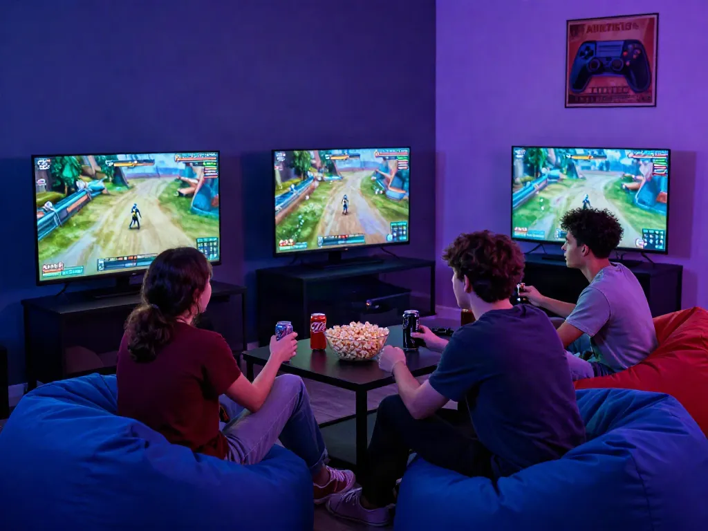 Group of friends playing video games in a cozy lounge, illustrating harga toto gaming trends.