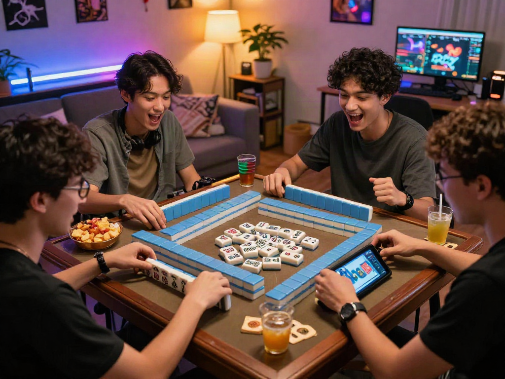 MAHJONGJP88 dengan deposit QRIS gameplay in a vibrant game room, friends enjoying Mahjong together with snacks and colorful tiles.