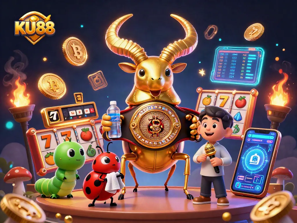 Experience excitement at KU88 with vibrant, 3D casino characters amid colorful slot game elements.