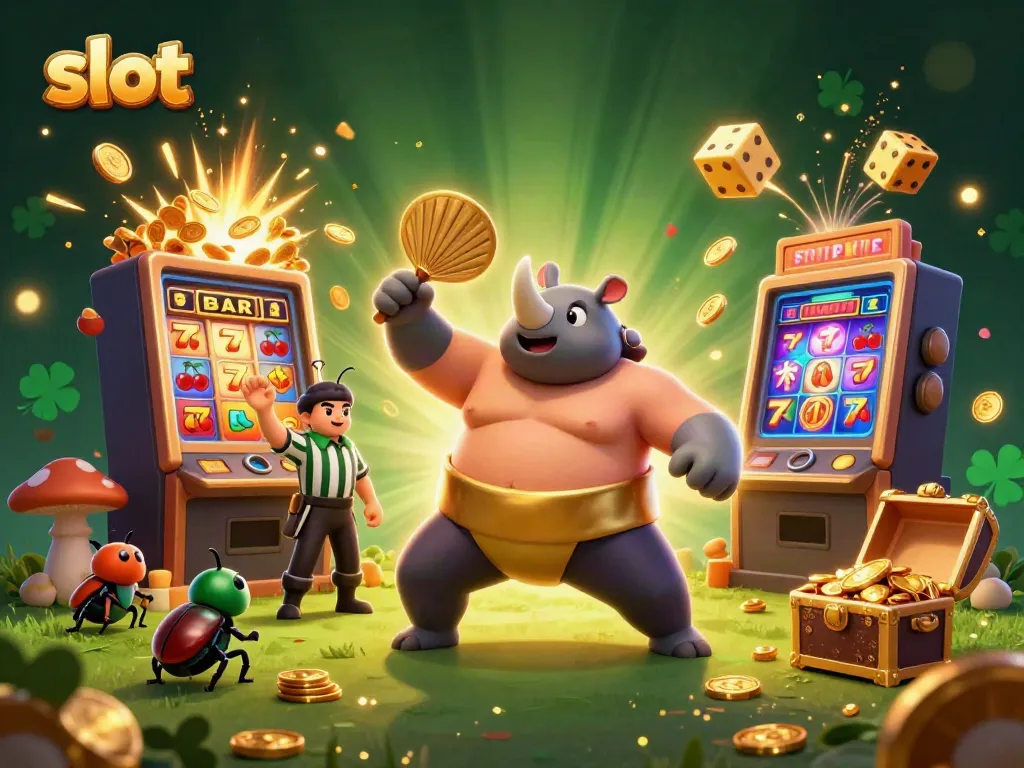 Experience the thrill of slots with an exciting casino scene featuring a sumo beetle champion.