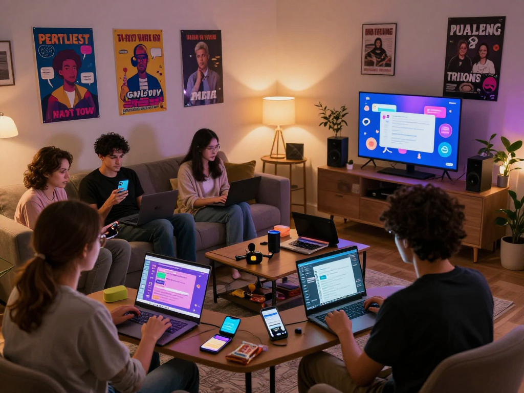 Engaging scene of individuals in nsfw chat, animated discussions in a cozy setting.