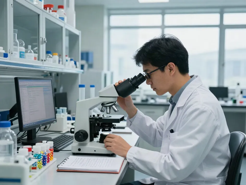 Research atmosphere at http://peptideprice.store/ with scientist analyzing peptide samples.