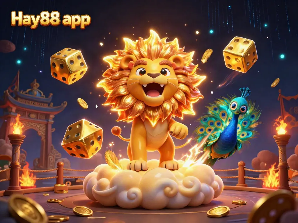 Engage with the Hay88 app in an exhilarating casino scene filled with vibrant elements and a roaring lion.