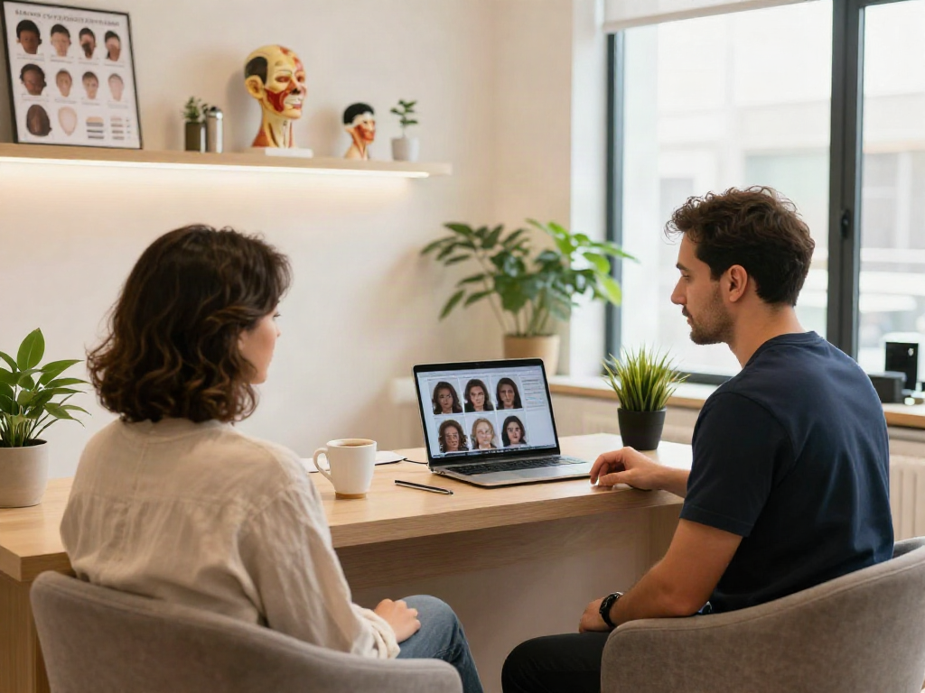 Consultation about hair transplant istanbul in a modern clinic with patient and specialist.