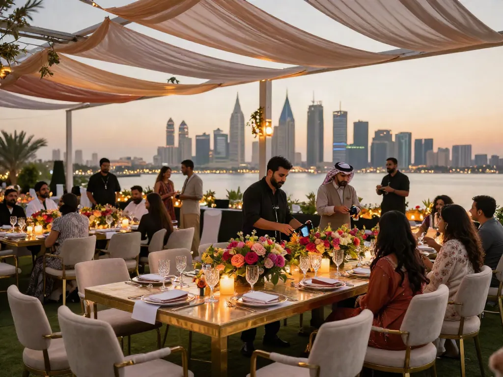 Event rental ksa set up with luxurious furniture, floral arrangements, and a scenic backdrop in Riyadh.
