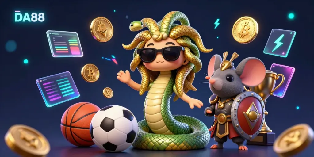 Engage in thrilling sports betting adventures with DA88 featuring a friendly Medusa and warrior mouse.