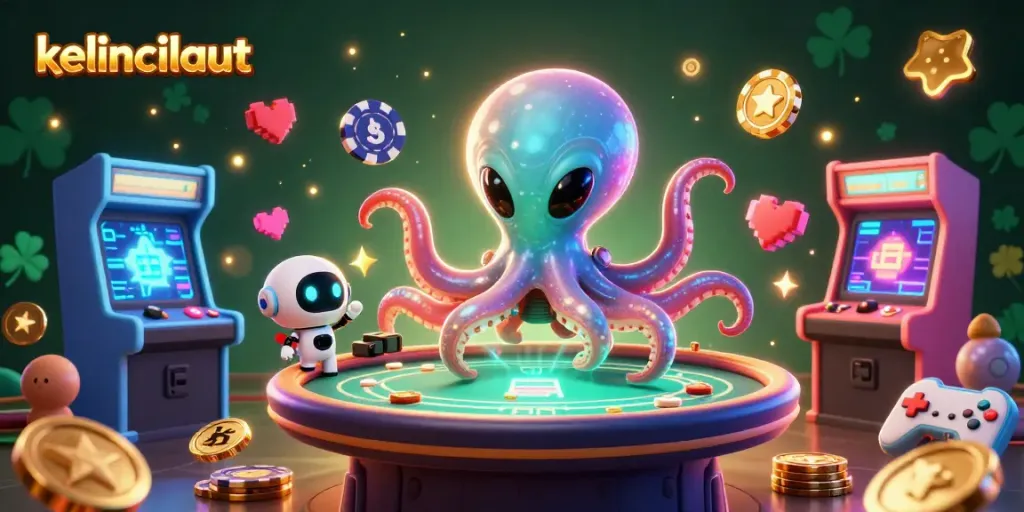 Kelincilaut offers an exciting 3D scene with an alien octopus dealing poker amidst flashing casino elements.