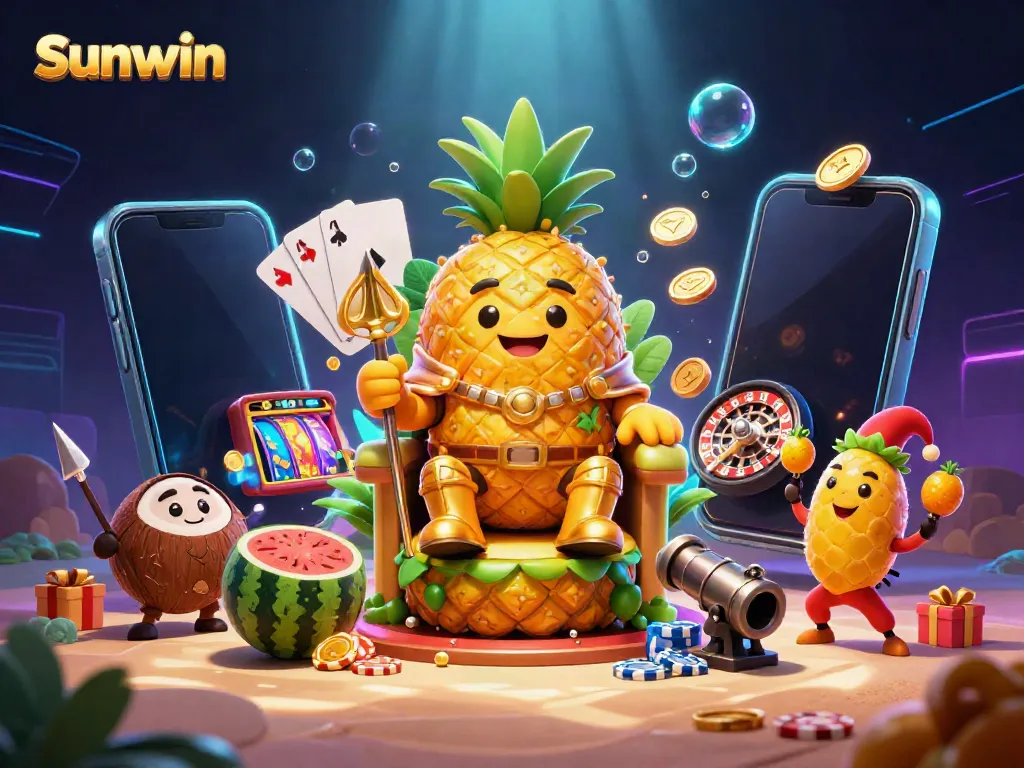 Experience thrilling gameplay with Sunwin, where a golden pineapple king rules a vibrant beach casino scene.