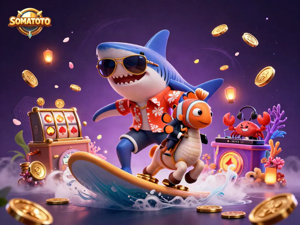 SOMATOTO showcases an engaging underwater casino scene with a shark, clownfish, and crab, radiating excitement.
