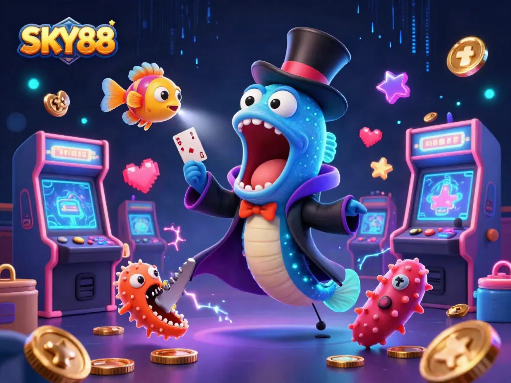 Engage with SKY88’s magical casino experience featuring vibrant underwater characters and arcade elements.