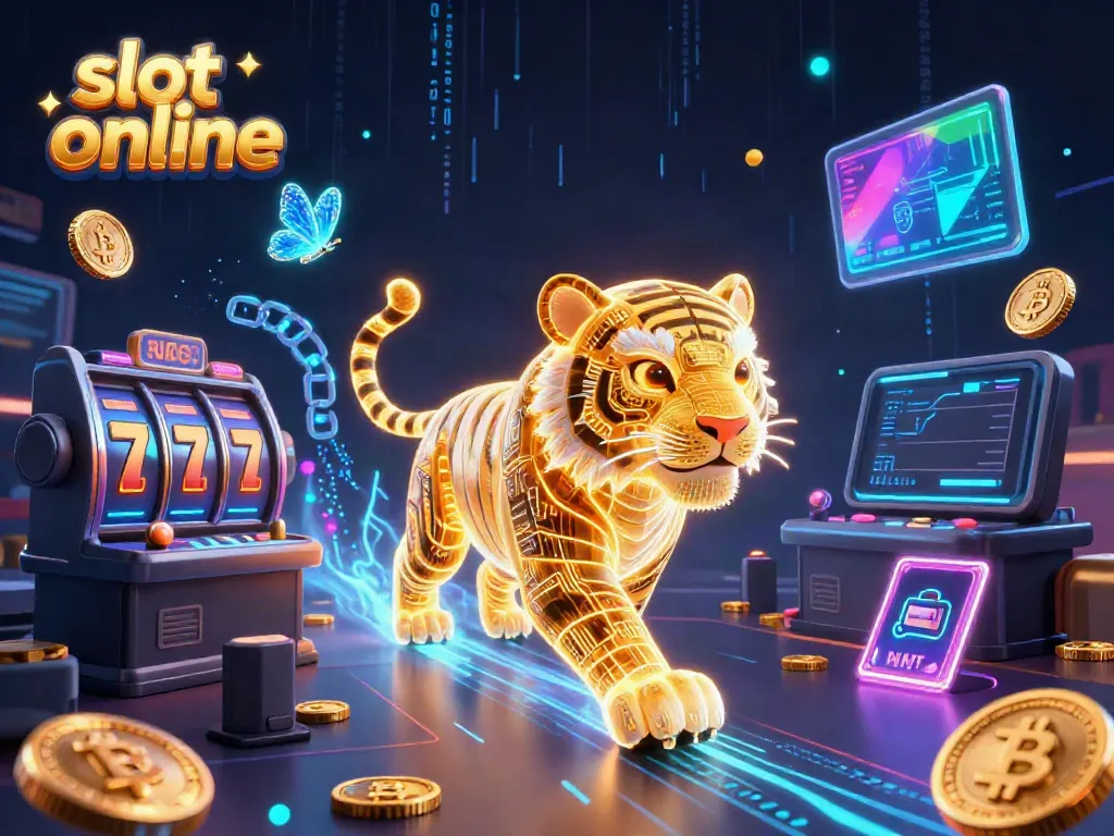 Witness thrilling slot online action with a neon golden tiger in a vibrant digital casino.
