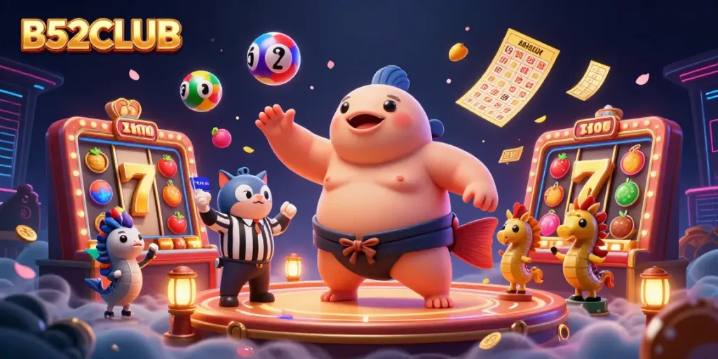 B52CLUB showcases a lively casino-themed underwater scene featuring a large fugu, a catfish referee, and exciting game elements.