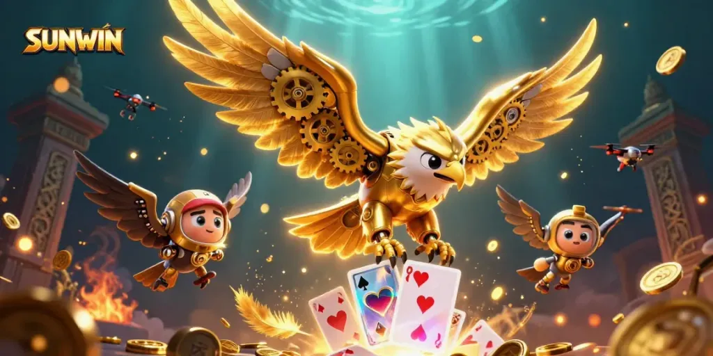 Engaging gameplay at SUNWIN, featuring a golden eagle diving through cards and coins.