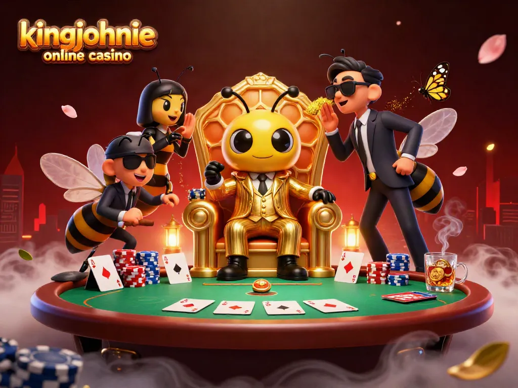 Engage with kingjohnnie online casino in a vibrant 3D scene featuring a bumblebee mob boss and poker elements.