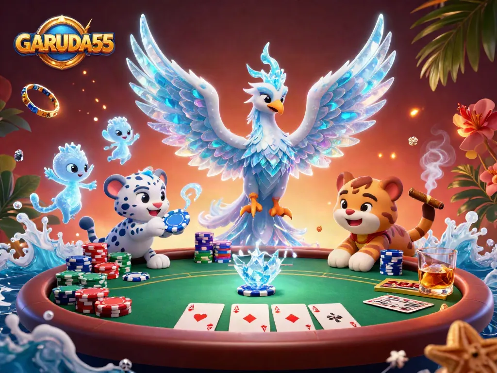 Engage with GARUDA55's thrilling poker action featuring an ice phoenix and playful characters.