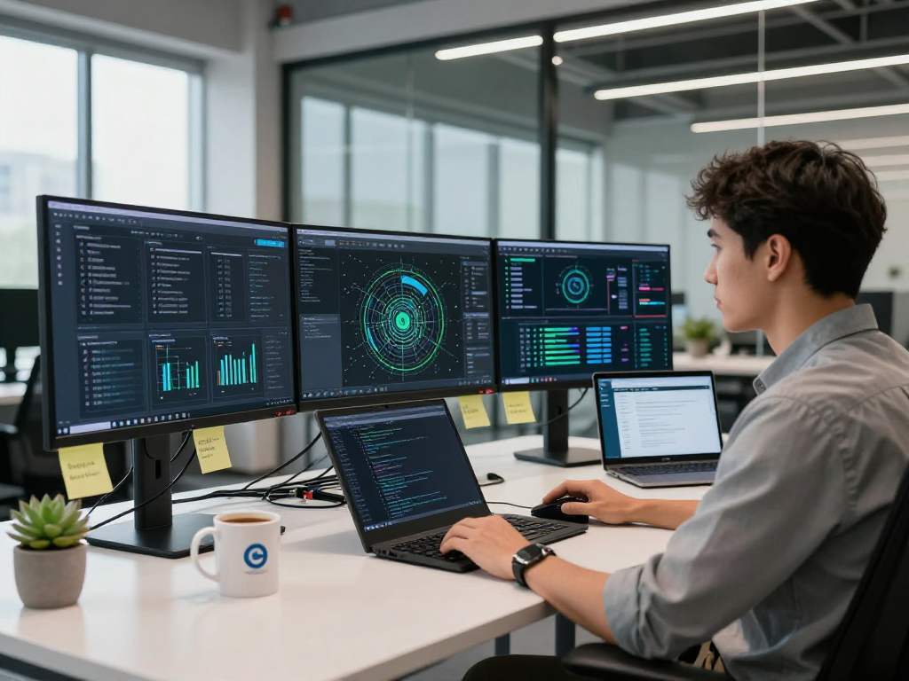 Efficient servidores VPS management in a modern workspace showcasing server metrics and dashboards