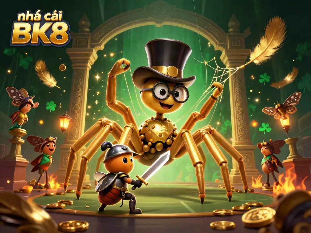 Engage with nhà cái BK8, featuring a golden tarantula weaving golden threads amidst dynamic casino elements.