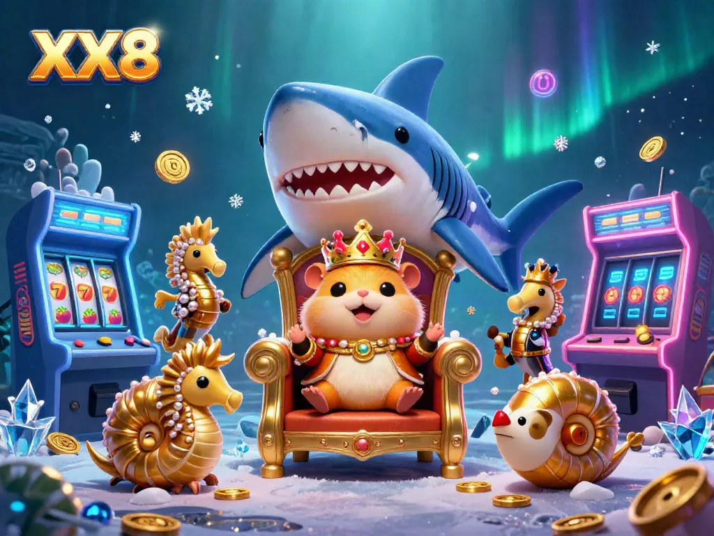 Experience the thrilling world of XX8 with a fierce golden hamster king and vibrant casino elements.