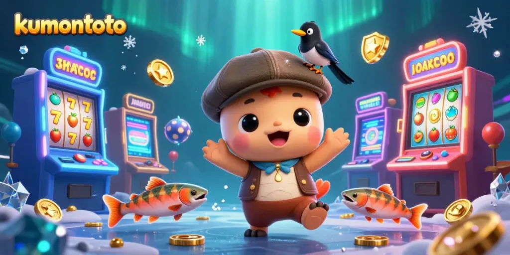 Kumontoto brings excitement to life with vibrant 3D cartoon elements, including golden spinners and playful characters.