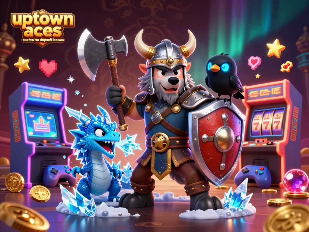 Spin and win at Uptown Aces casino no deposit bonus with a vibrant Viking warrior and colorful casino games.